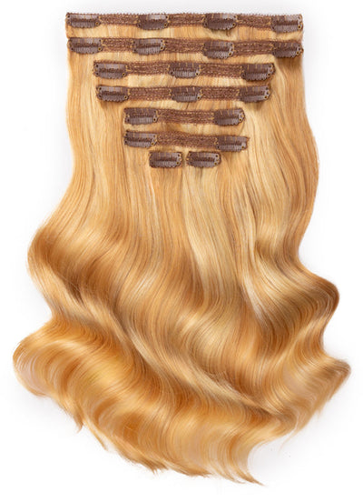 20 inch Deluxe Clip in Hair Extensions Light Blonde with Strawberry Blonde Highlights