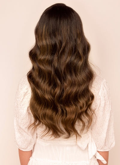 20 inch Ultimate Volume Clip in Hair Extensions  Mocha & Medium Brown Balayage