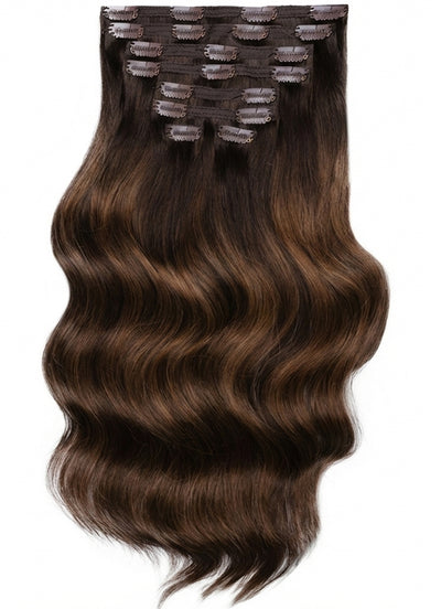 20 inch Ultimate Volume Clip in Hair Extensions  Mocha & Medium Brown Balayage