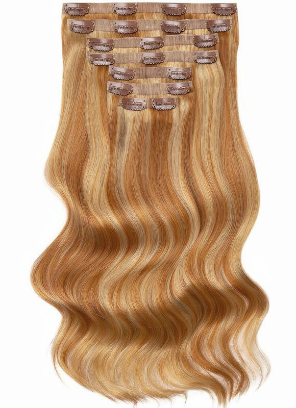 20 inch Seamless Clip in Hair Extensions Light Brown with Light Blonde Highlights
