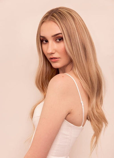 20 inch Seamless Clip in Hair Extensions Light Brown with Light Blonde Highlights
